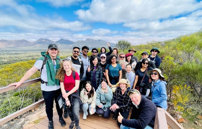 International students enjoying a tour of the Flinders Ranges and outback with Words on Wheels.